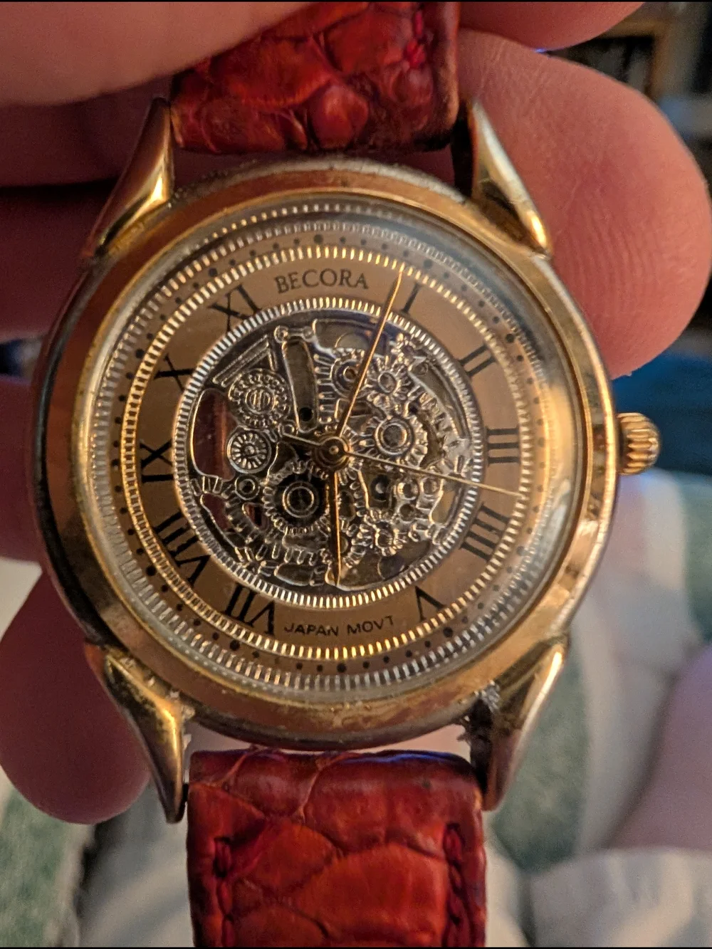 Becora Gold-Tone Skeleton Dial Watch with Red Leather Strap Brand New Battery
